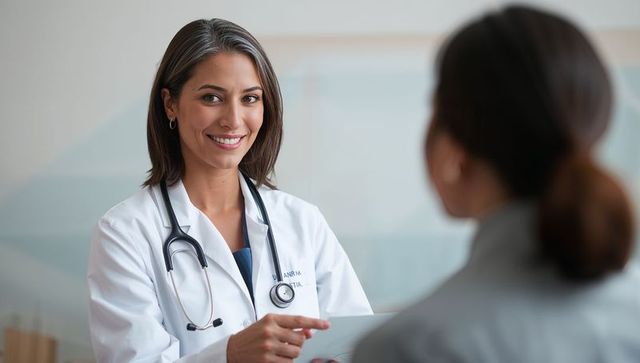 Smiling Latina Physician Consulting Patient Using Tablet and Stethoscope for Medical Care
