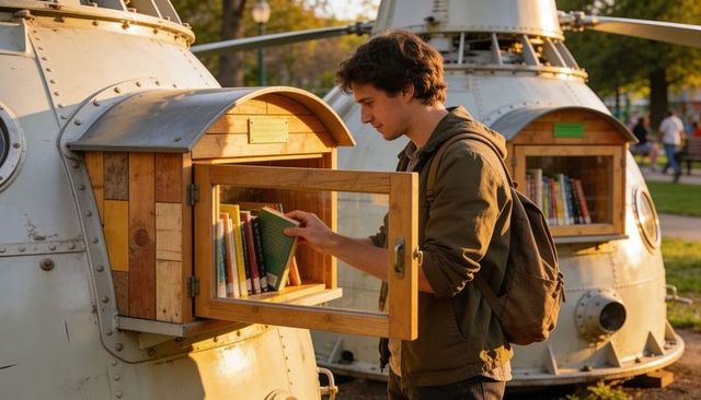 Young man browsing books at outdoor free-library pod in park during golden hour