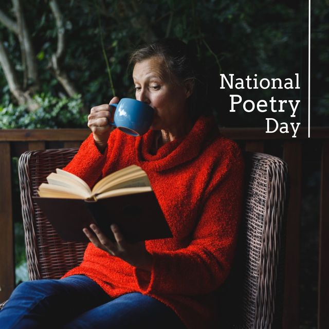 Composite of mature caucasian woman drinking coffee and reading book with national poetry day text. Hobby, drink, literature, promote, campaign and celebration concept.