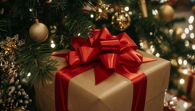 Luxury christmas gift wrapped in gold paper with red satin bow under evergreen tree