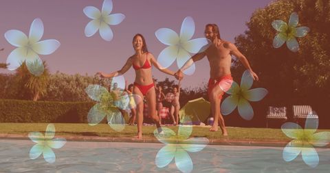 Cheerful Pool Party with Floating Flower Icons and Happy Friends