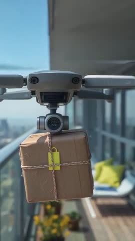 Hovering delivery drone carrying parcel from city balcony vertical aerial video
