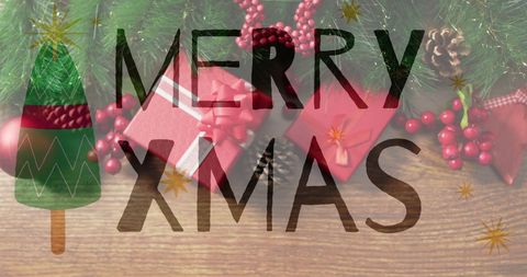 Festive Merry Xmas Text with Gifts on Wood Background - Download Free Stock Images Pikwizard.com