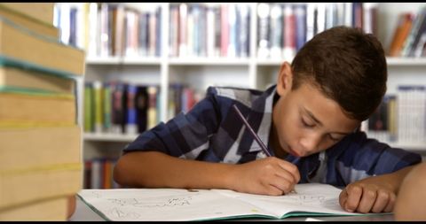 Focused Schoolboy Studying Amongst Library Books - Download Free Stock Images Pikwizard.com