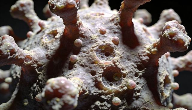 Macro pathogen sphere featuring short spikes, pitted cratered surface and bubble cavities