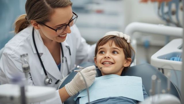Pediatric dentist examining happy child during checkup