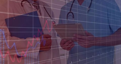 Doctors reviewing clinical data analytics on tablet with medical charts overlay