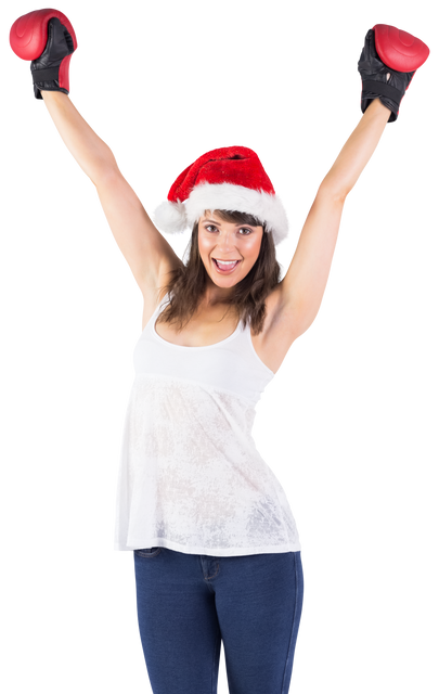 Festive Brunette Woman Cheering with Boxing Gloves and Santa Hat Transparent - Download Free Stock Videos Pikwizard.com