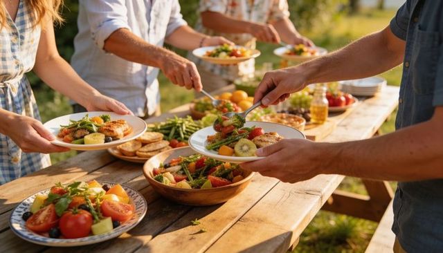 Friends serving summer picnic salad at backyard wooden table sharing fresh fruits