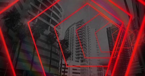 Futuristic cityscape with red neon geometric design