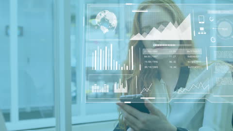 Businesswoman Analyzing Data with Smartphone and Futuristic Graphics