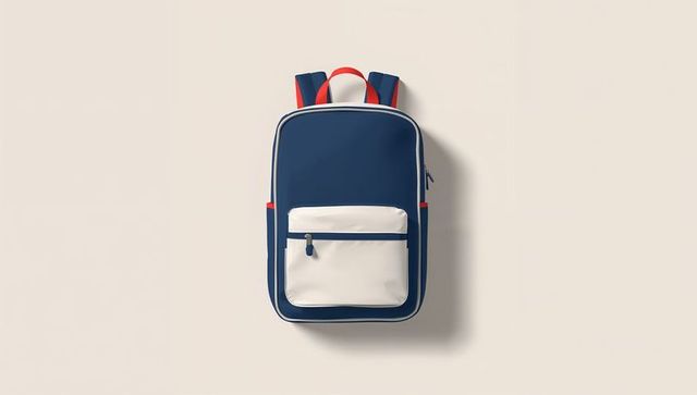 Navy blue and white backpack with red accents on wall