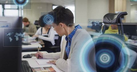 Businesswoman Analyzing Data in Futuristic Office Environment