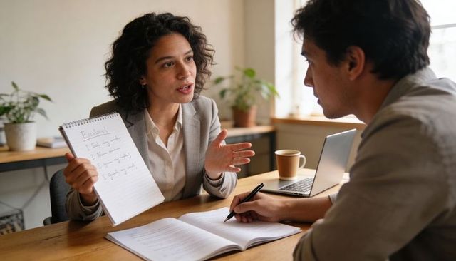 Advisor holding notepad discussing evidence list with client during one-on-one consultation