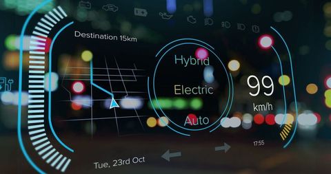 Futuristic virtual car dashboard on urban road at night