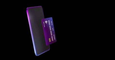 Floating smartphone and purple credit card glowing with neon rim light fintech concept