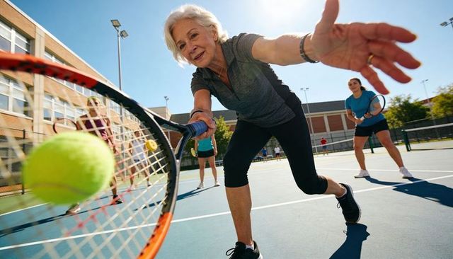 Senior woman lunging to return tennis ball on sunlit court during multigenerational group training