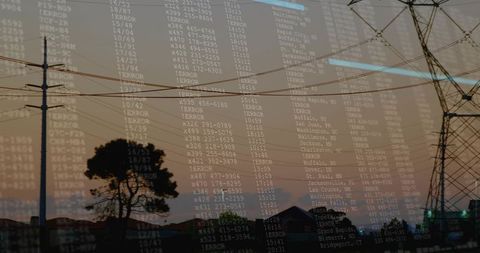 Power lines and transmission tower at dusk with digital error code overlay