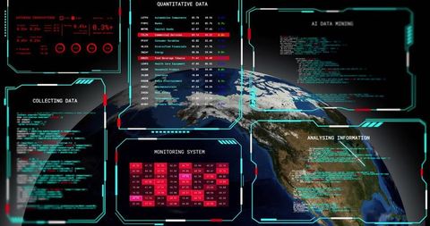 Global Satellite HUD Dashboard Showing Earth Orbit Telemetry and AI Data Analytics