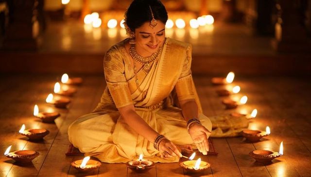 Woman in golden saree lighting oil lamps in temple hall for diwali prayer ritual and tradition