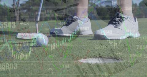 Financial Data Overlay on Golfer Preparing to Putt