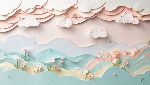 Layering pastel paper-cut landscape featuring floating clouds and blooming flowers mural