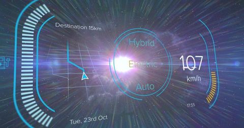 Futuristic hud heads-up display overlay with holographic navigation speed and mode dial