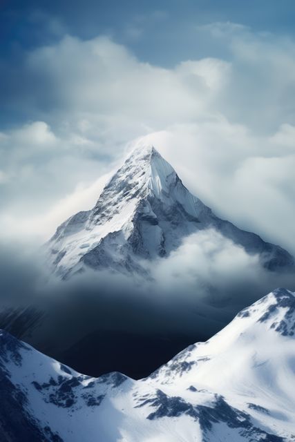 Snow-capped mountain peak emerging from clouds on sunny day is evocative of natural beauty and adventure. Ideal for use in travel promotions, articles about nature or outdoor activities, and environmental awareness campaigns.
