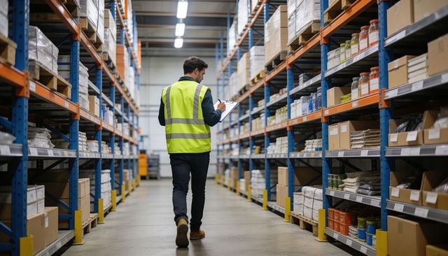 Warehouse inventory audit worker walking aisle wearing hi-vis vest checking clipboard