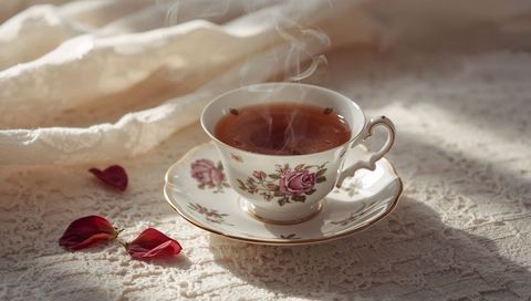 Steaming vintage porcelain teacup with rose motif on lace tablecloth in soft sunlight
