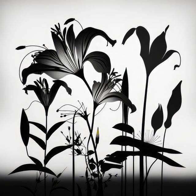 Close up of black flower silhouettes on white background, created using generative ai technology. Nature, pattern and texture concept digitally generated image.