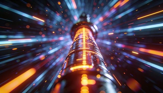 Gliding data conduit racing through neon cyber tunnel with orange leds and cyan streaks