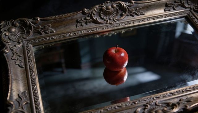 Resting red apple reflecting on ornate gilded mirror with carved frame