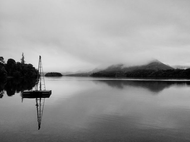 Serene Mountain Lake with Fog and Floating Platform - Download Free Stock Images Pikwizard.com