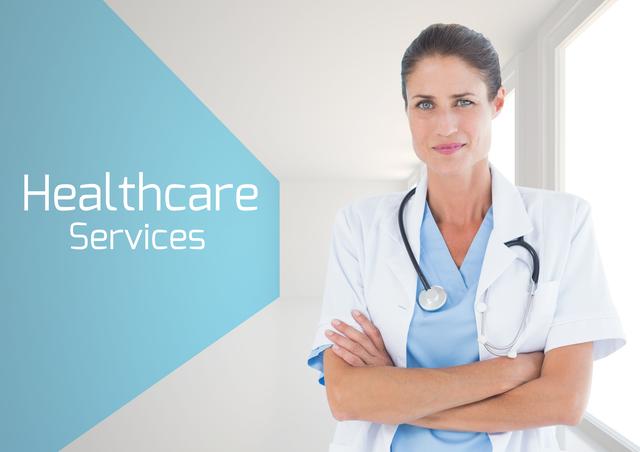 Doctor standing with arms crossed with healthcare services text - Download Free Stock Photos Pikwizard.com