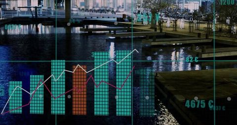 Data visualization overlay on urban night plaza reflection