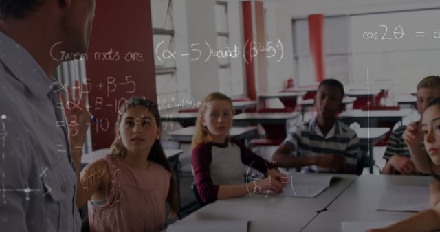 Image of mathematical equations over schoolchildren learning - Download Free Stock Photos Pikwizard.com