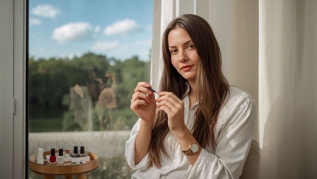 Woman filing nails by window enjoying natural light during relaxed at-home manicure