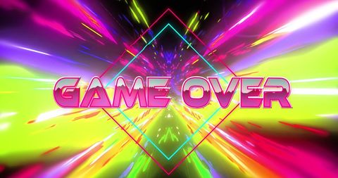 Retro futuristic game over screen with vibrant light trails