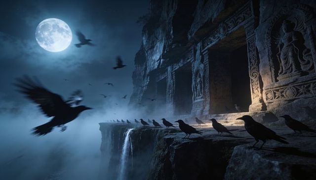 Moonlit ravens perching along misty cliff by ancient carved temple and cascading waterfall