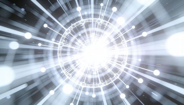 Radiant data nexus burst with concentric rings, network nodes and futuristic light rays