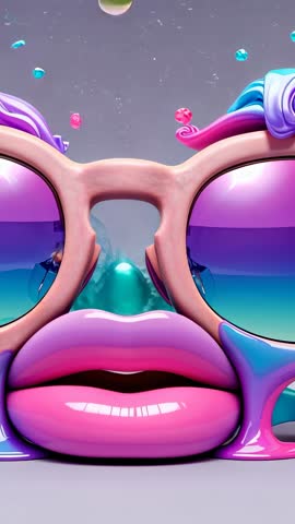 Surreal Vertical Loop Animating Dripping Pink Glasses Oozing Glossy Lips — Futuristic 3D