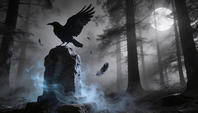 Raven perching on weathered monolith, moonlit forest with drifting feathers and mist