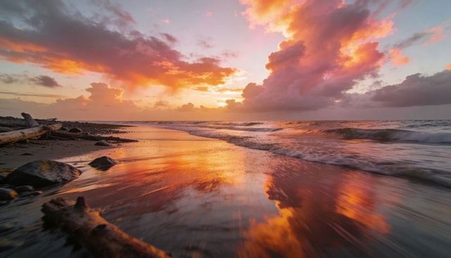 Golden sunset reflecting fiery clouds on mirror-like wet sand with driftwood and surf