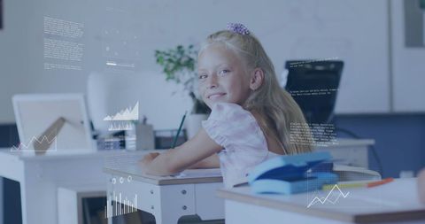 Innovative learning: schoolgirl engaging with digital stats in classroom