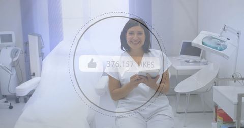 Smiling Woman Dentist Using Tablet in Modern Hospitable Clinic