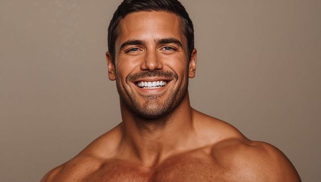 Smiling shirtless muscular man showing tanned torso, closeup studio portrait