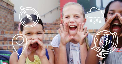 Diverse Students Excitedly Expressing Ideas with Educational Icons