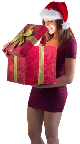 Transparent Santa Woman Opening Christmas Gift With Excitement