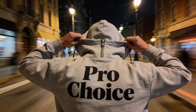 Pulling hood up showing pro choice hoodie on motion-blurry urban night street